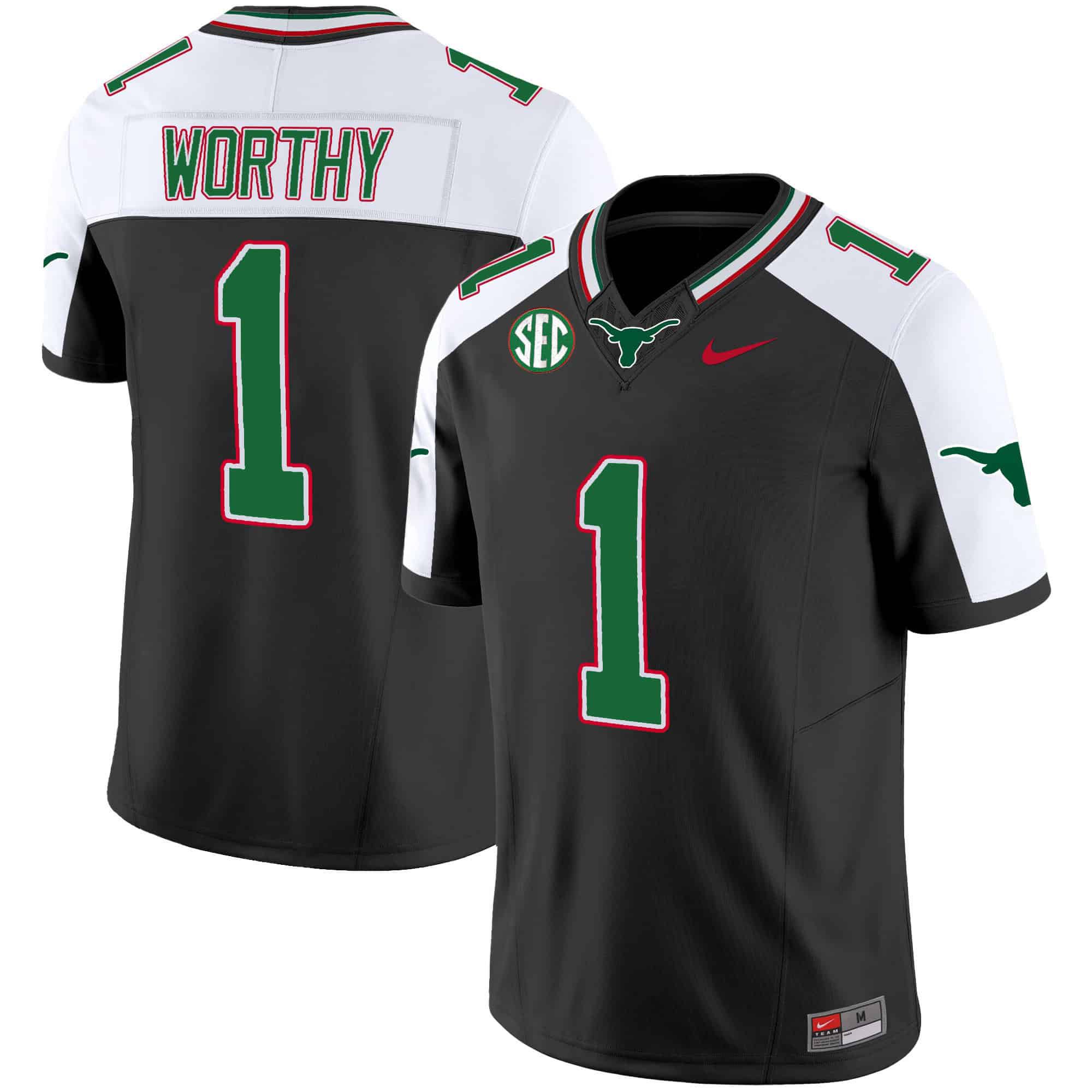 Men Texas Longhorns 1 Worthy Black 2024 Nike Mexico SEC Patch Vapor NCAA Jersey style 1